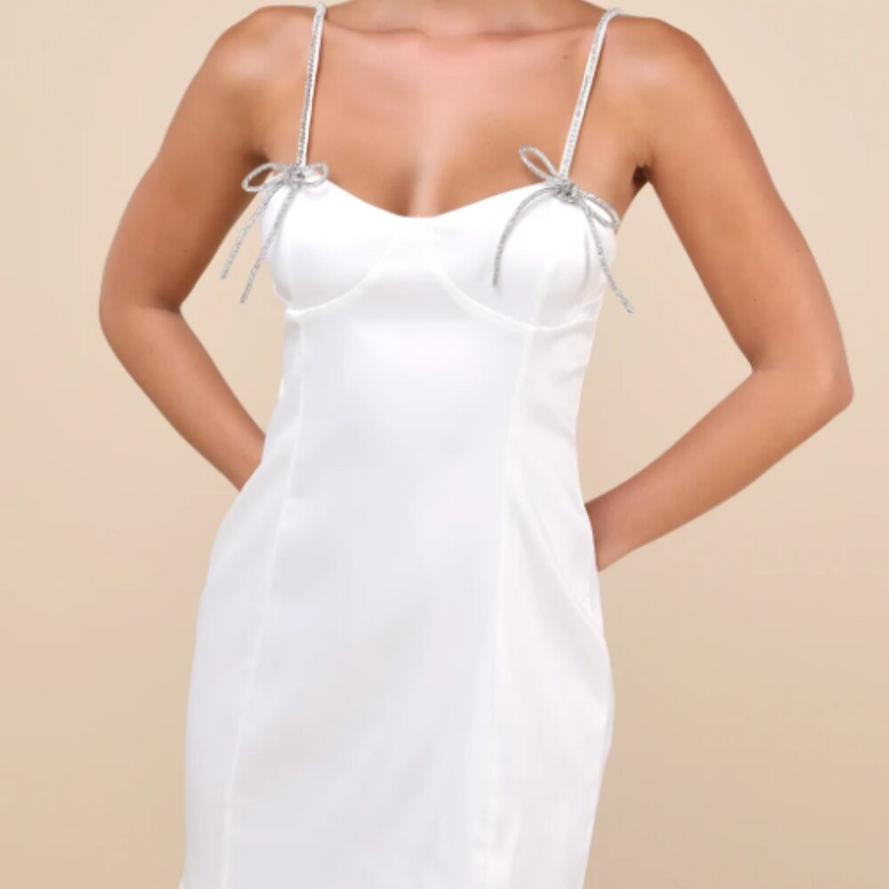 Lulu's/Collective NWT Bling Beauty White Satin Rhinestone Mini Dress - Size S